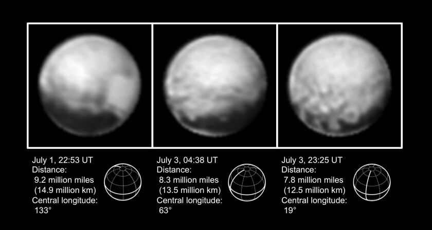 This combination of images from July 1 to July 3, 2015, provided by NASA shows Pluto at different distances from the New Horizons spacecraft.