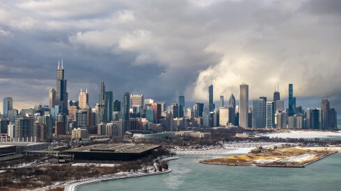 Clouds move across the Chicago Skyline near 31st Street Beach on Feb. 6.