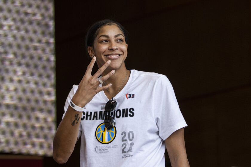 Candace Parker speaks as the Chicago Sky players celebrate their WNBA Championship.