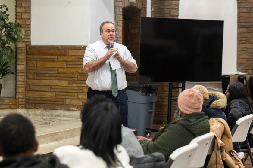 Cook County Assessor Fritz Kaegi speaks to dozens of residents during an emergency town hall meeting to offer Property Tax Relief resources to West Side homeowners in the basement of New Mount Pilgrim Missionary Baptist Church, Monday, Dec. 8, 2025.