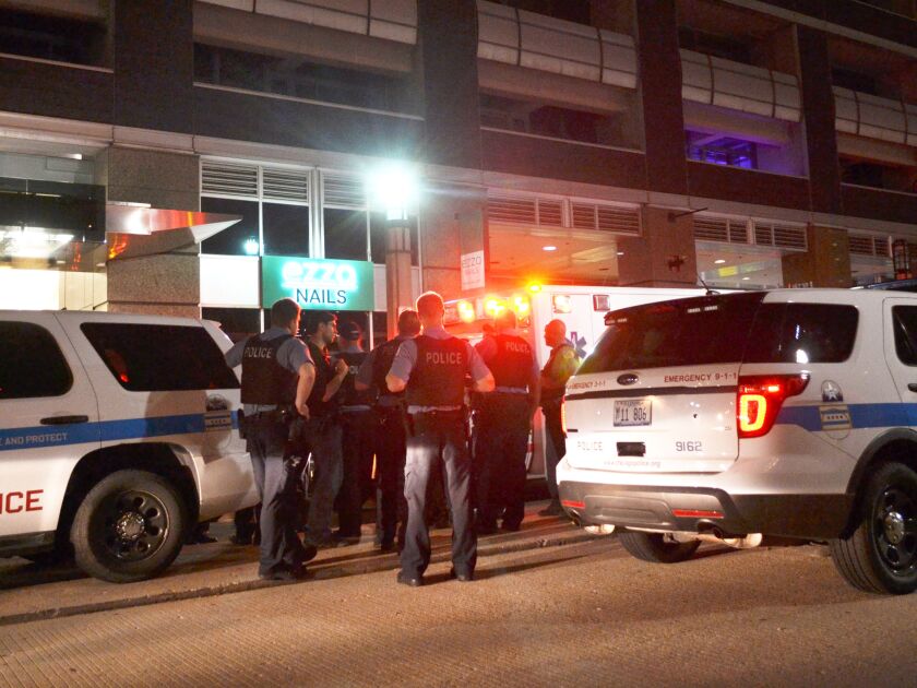 Police investigate a shooting about 12:30 a.m. Friday, August 17, 2018 in the 200 block of East Illinois St. in Chicago. | Justin Jackson/ Sun-Times