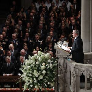 Former President George W. Bush speaks at a memorial service for Sen. John McCain, R-Ariz., at Washington National Cathedral in Washington, Saturday, Sept. 1, 2018. McCain died Aug. 25, from brain cancer at age 81. (AP Photo/Pablo Martinez Monsivais) ORG