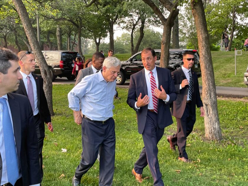 Chicago-based U.S. Attorney John Lausch (right) will lead the “strike force” effort here, and Attorney General Merrick Garland told reporters Thursday that Lausch has connected with his counterparts in potential gun source areas in downstate Illinois, Indiana and Wisconsin.