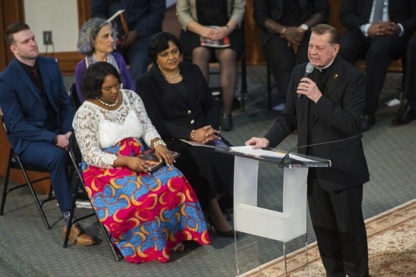 The Rev. Michael Pfleger, of Chicago, speaks at Ebenezer Baptist Church, Monday, Jan. 16, 2017, in Atlanta. | Branden Camp/AP