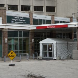 A outdoor triage tent at near the emergency entrance at Swedish Covenant Hospital, March 20, 2020.