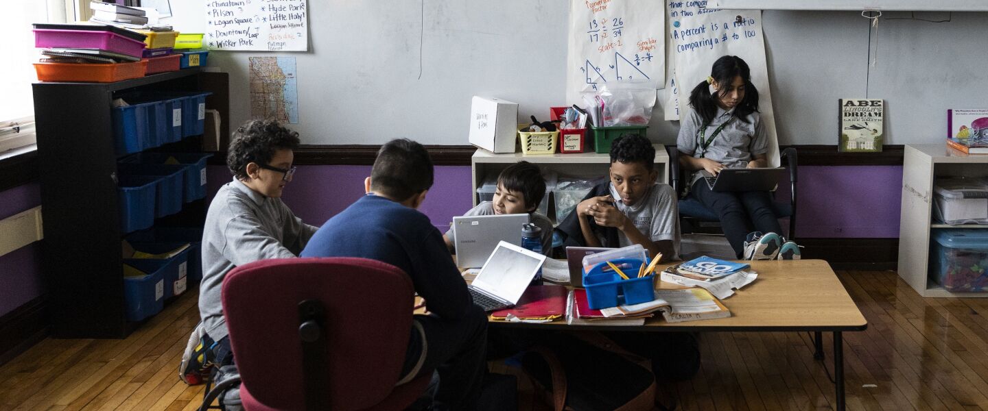 Students in a sixth grade class study history together at Sawyer Elementary School, 5247 S Spaulding Ave., in February.