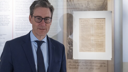 Eric Slauter, curator of the “Free and Independent: The Declaration of Independence and the Words That Made the United States” exhibit at the Newberry Library, photographed July 8, 2026.