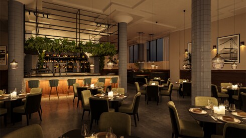 Rendering of the interior retail space at 50 E. Superior St., with a bar and restaurant seating