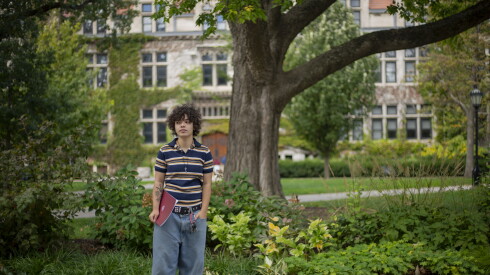 Keelan Scanlan-Allende stands on the University of Chicago campus.