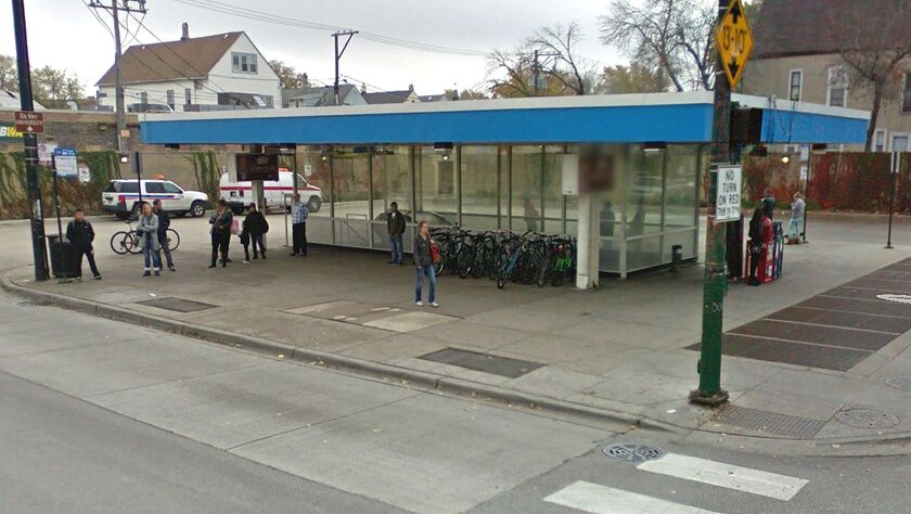 The boxy Blue Line stop at Belmont that is slated for replacement opened in 1970. | Google Streetview