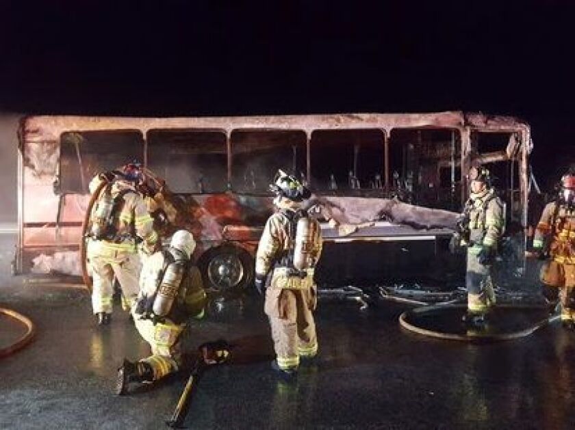 The flames spread quickly through the bus after its rear right tire caught fire, and it took approximately two hours afterward to clear the southbound lanes of I-65 in that area. | Indiana State Police