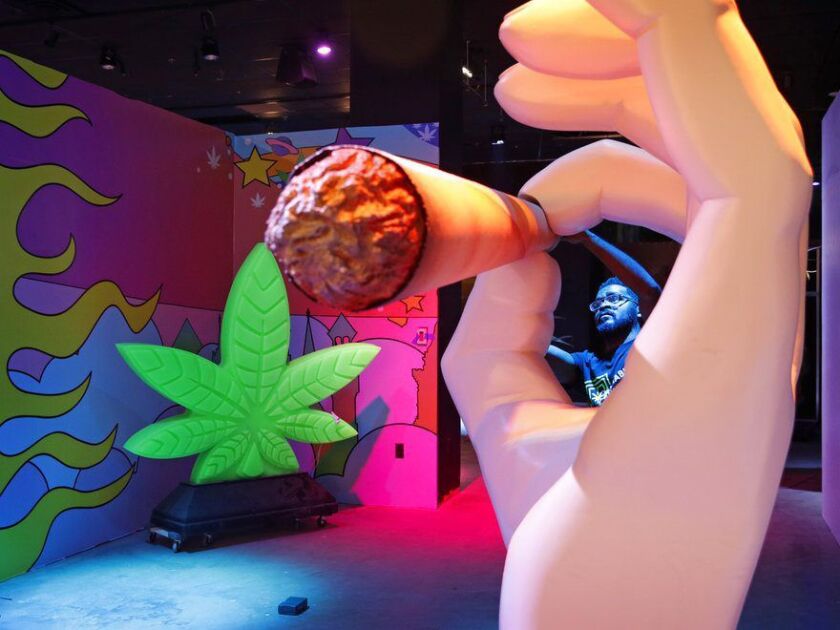 Gabe Williams works on a exhibit at the Cannabition cannabis museum in Las Vegas. | AP Photo/John Locher