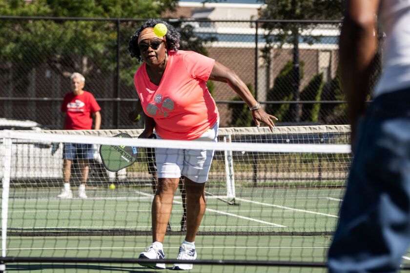Kassandra Scott, 71, plays pickleball at Mandrake Park on the South Side, Wednesday, Aug. 31, 2022.