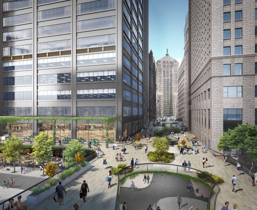 A rendering of a possible elevated walkway on La Salle Street.