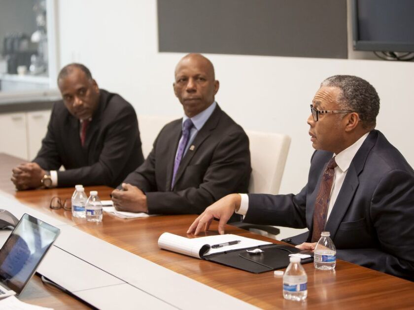 From left, 21st Ward aldermanic candidates Joseph C. Ziegler Jr. and Marvin McNeil and incumbent Ald. Howard B. Brookins Jr. | Rich Hein / Sun-Times