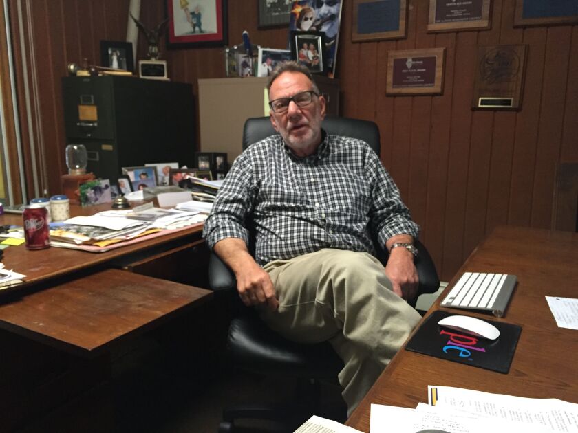 Tom Mathews, publisher of the Wayne County Press, in his office in Fairfield, Illinois in January, 2017.