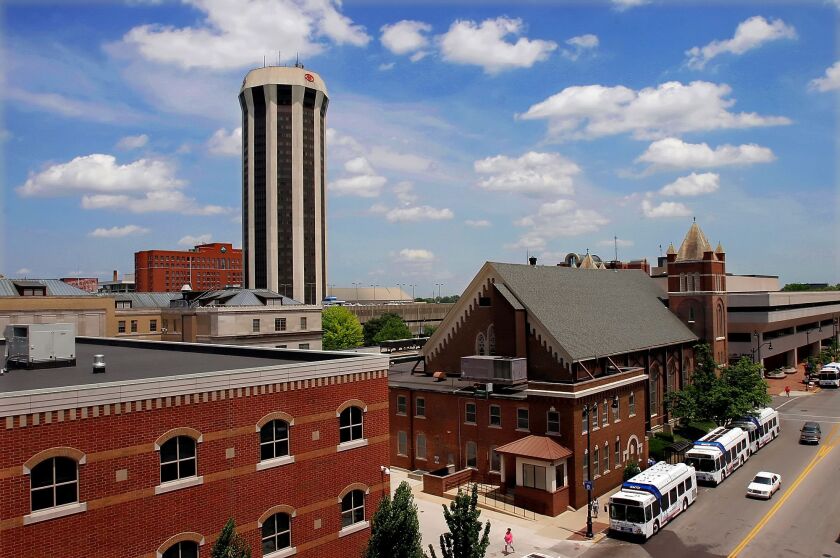 The Wyndham Springfield City Centre, formerly a Hilton, towers above other Springfield buildings.