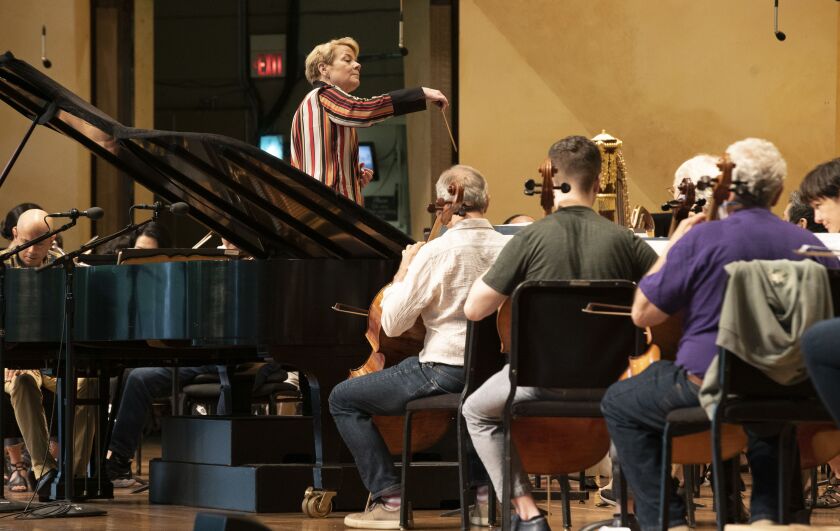 Marin Alsop, the Ravinia Festival’s chief conductor and curator, leads a rehearsal in the pavilion in Highland Park.