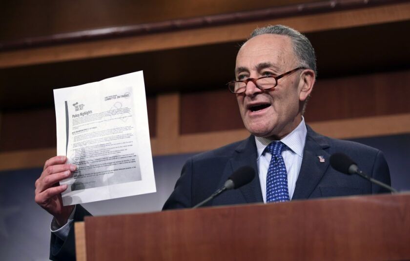Senate Minority Leader Chuck Schumer, D-N.Y., speaks on Capitol Hill in November about the Republican tax reform plan. | AP Photo
