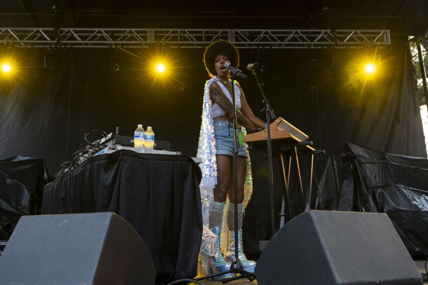 Georgia Anne Muldrow performs at the Blue Stage at Pitchfork music festival at Union Park, Saturday, Sept. 11, 2021.