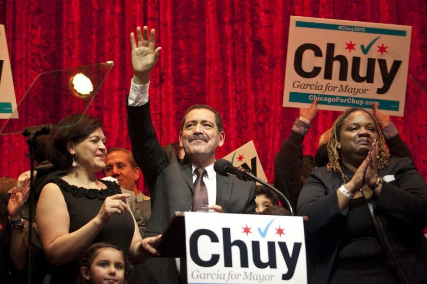 Mayoral candidate Jesus “Chuy” Garcia addressed supporters at Alhambra Palace Restaurant. | Ashlee Rezin/for Sun-Times Media