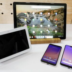 The Google Home Hub, left, Pixel Slate, center, and two new smartphones. | AP Photo