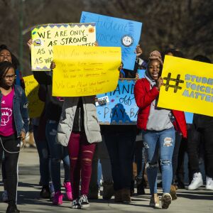 Students stage a protest walkout after Chicago Public Schools fired the interim principal John Thuet and assistant principal Michelle Brumfield, and re-assigned the boys basketball coach Donovan Robinson, due to misconduct allegations at Lincoln Park High School, Monday morning, Feb. 3, 2020. CPS also suspended the varsity boys’ basketball team for the rest of the season.