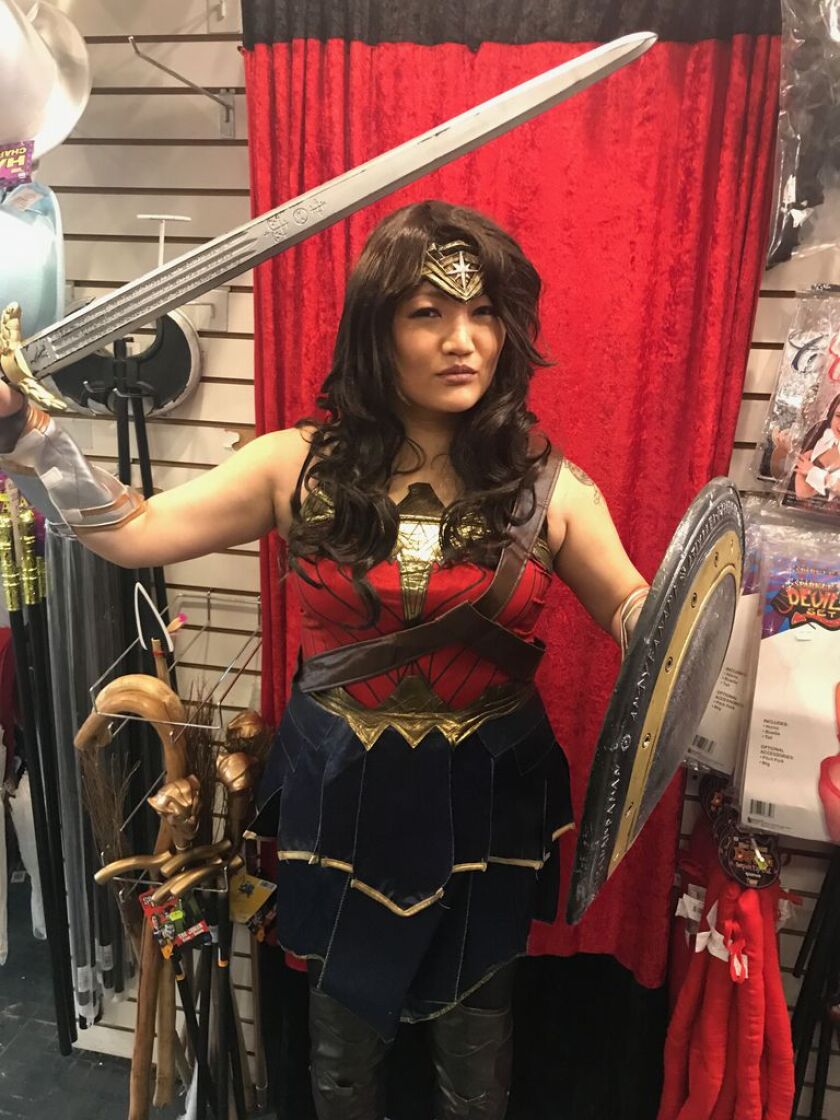Ji “Wonder Woman” Suk Yi has arrived! | Costume courtesy Chicago Costume Shop/Sun-Times Photo