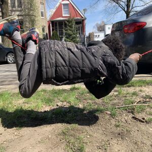 Ayden hangs on a tightrope in the family’s front yard.