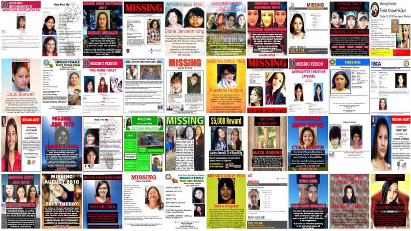 Posters of missing and murdered Native American women and girls as of September 2018. | AP file photo