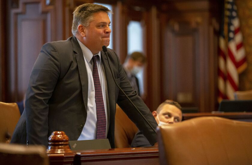 State Sen. Chapin Rose, R-Mahomet, asks a question during debate on the energy proposal on Monday.