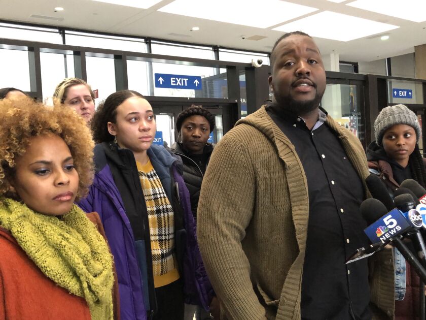 Martinez Sutton, the brother of Rekia Boyd, talks to reporters at the Leighton Criminal Courthouse after a Cook County judge ruled against a request to expunge the criminal record of former Chicago Police Detective Dante Servin.