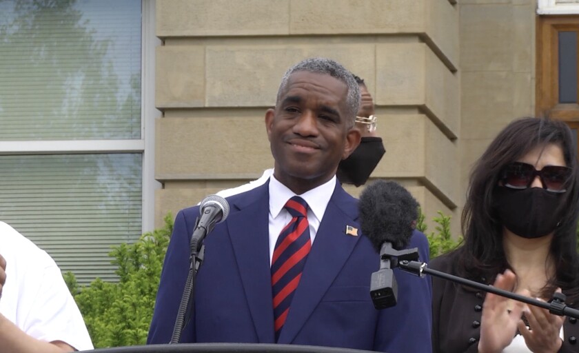 Ald. David Moore (17th) announces his run for the office of the Illinois Secretary of State earlier this month.