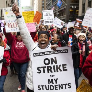 Thousands of striking Chicago Teachers Union members and their supporters march through the Loop, Thursday afternoon, Oct. 17, 2019.