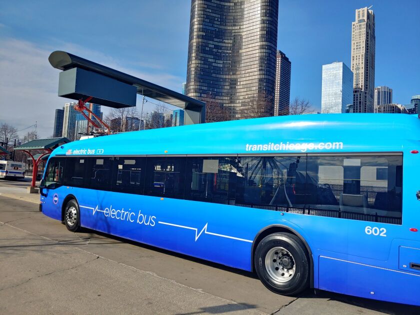 One of the CTA’s electric buses uses a quick-charging stations at the Navy Pier bus turnaround.