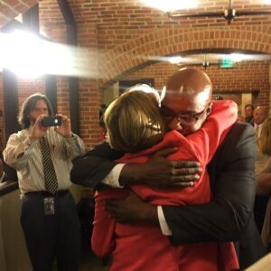 Illinois Sen. Christine Radogno gets a hug from Sen. Kwame Raoul after announcing she was leaving the Senate. | Tina Sfondeles / Sun-Times