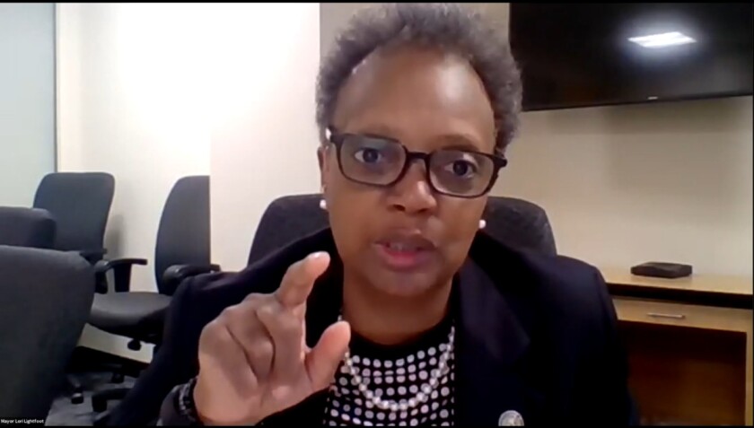Mayor Lori Lightfoot speaks Tuesday at an online event unveiling “Yield Chicago,” an initiative to help developers of color break into the predominantly white commercial development industry.