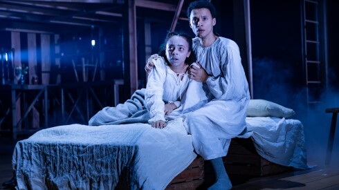 Saffron Dey as Judith and Ajani Cabey as Hamnet in the Royal Shakespeare Company’s Hamnet,