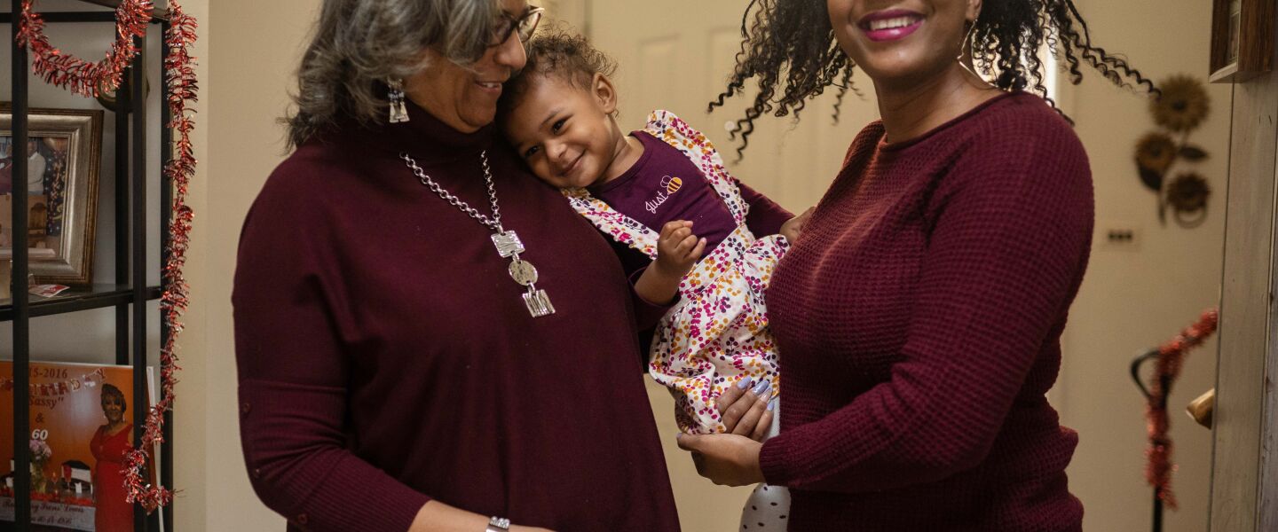 Lanette Lewis (right) with her mother Rosemary Irons-Lewis and her 1 1⁄2-old daughter Savannah Rose Kendall at their home in Park Forest. This will be the first Christmas together for the three of them.