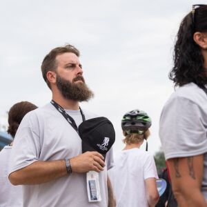 Nick Bubbler, who is a member of the Wounded Warrior Project, holds his cap to his chest as “Taps” plays during the Air and Water Show at North Avenue Beach, Saturday, Aug. 20, 2022. | Pat Nabong/Sun-Times