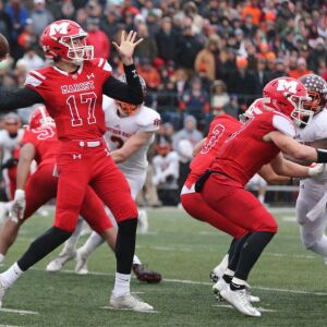 Marist’s Hayden Mikesell (17) attempts a pass in the first half against Brother Rice, Chicago, llinois, November 17, 2018. | Allen Cunningham / for Chicago Sun-Times