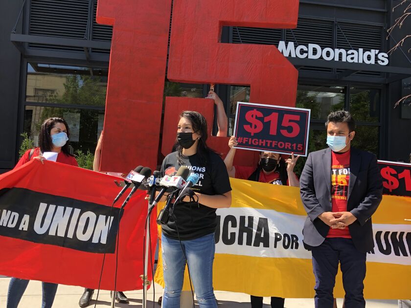 Adriana Alvarez was among the McDonald’s employees who spoke at a rally in front of the fast-food company’s corporate headquarters in the West Loop on Thursday, July 1, 2021.