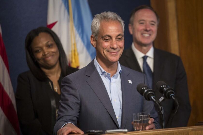 Mayor Rahm Emanuel, center, Chicago Public Schools Chief Education Officer Janice Jackson and CPS CEO Forrest Claypool were all smiles after a state budget deal benefiting CPS was reached. | Rich Hein / Sun-Times