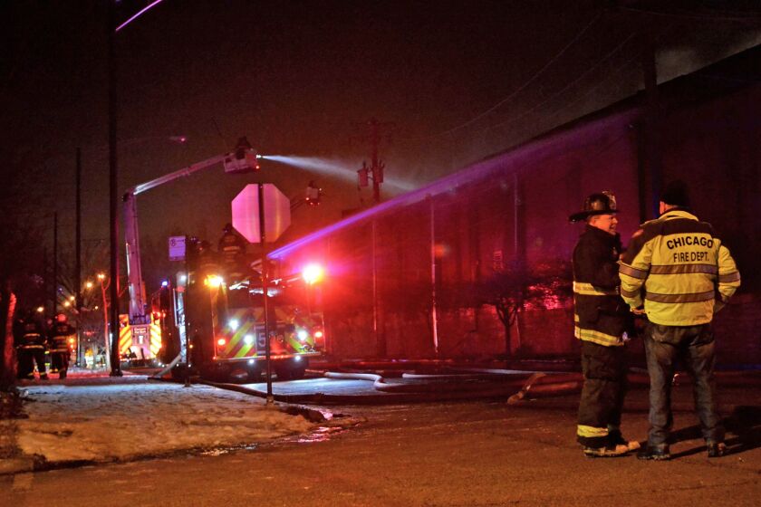 No one was injured Monday night in this fire at a massive factory in Canaryville where hundreds of mattresses were stored. | Justin Jackson/For the Sun-Times