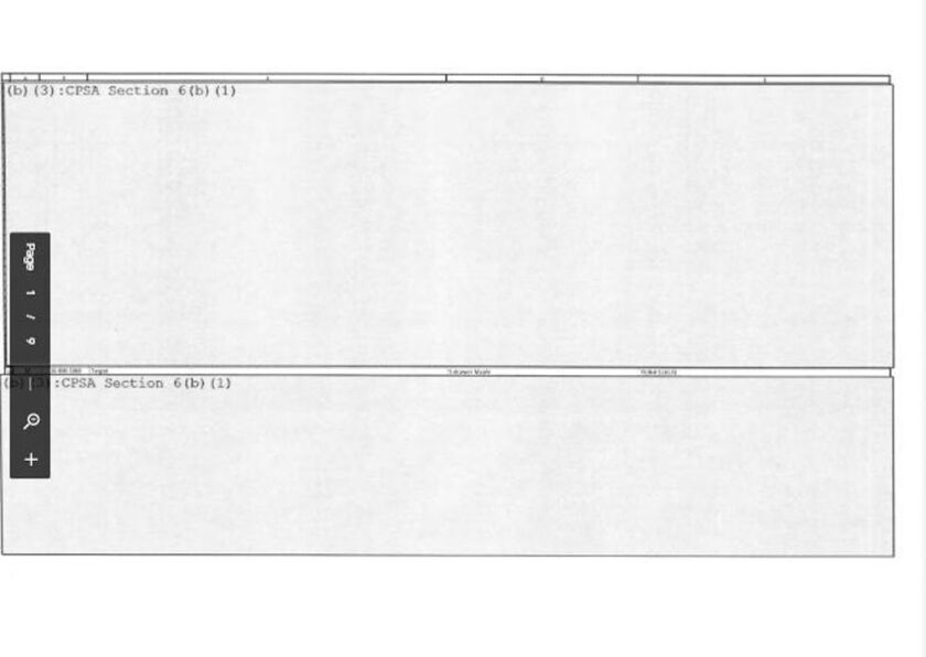 One of the completely redacted documents Kids in Danger received in response to its Freedom of Information Act request for dresser test results. The document is marked “Section 6(b)” to explain the lack of information.