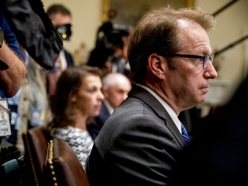 Rep. Peter Roskam, R-Il., attends a meeting with President Donald Trump in the Cabinet Room of the White House, Tuesday, July 17, 2018, in Washington. Trump says he meant the opposite when he said in Helsinki that he doesn’t see why Russia would have inte