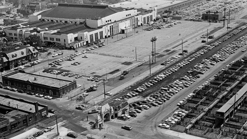 Aerial views of International Amphitheatre and Hilton Hotel