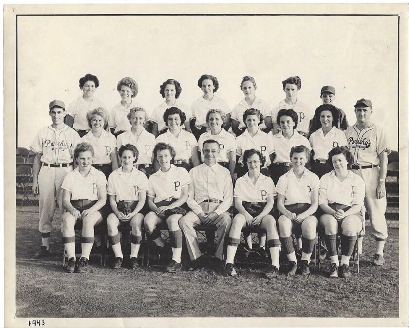 Katharine “Kotch” Kowell is in the front row, far left, with the rest of the Parichy Bloomer Girls of the National Girls Baseball League.