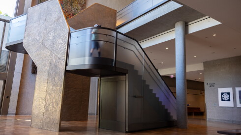 A stairwell in the Museum Tower at the Obama Presidential Center in Jackson Park.