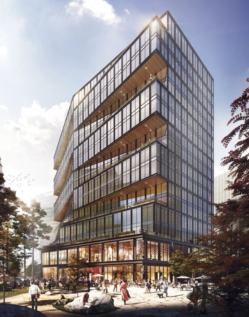 An architectural rendering of a building proposed to be built in Boston’s Seaport District, promising an additional 2,000 technology jobs in the city and to be occupied 2021. | WS Development/Amazon via AP